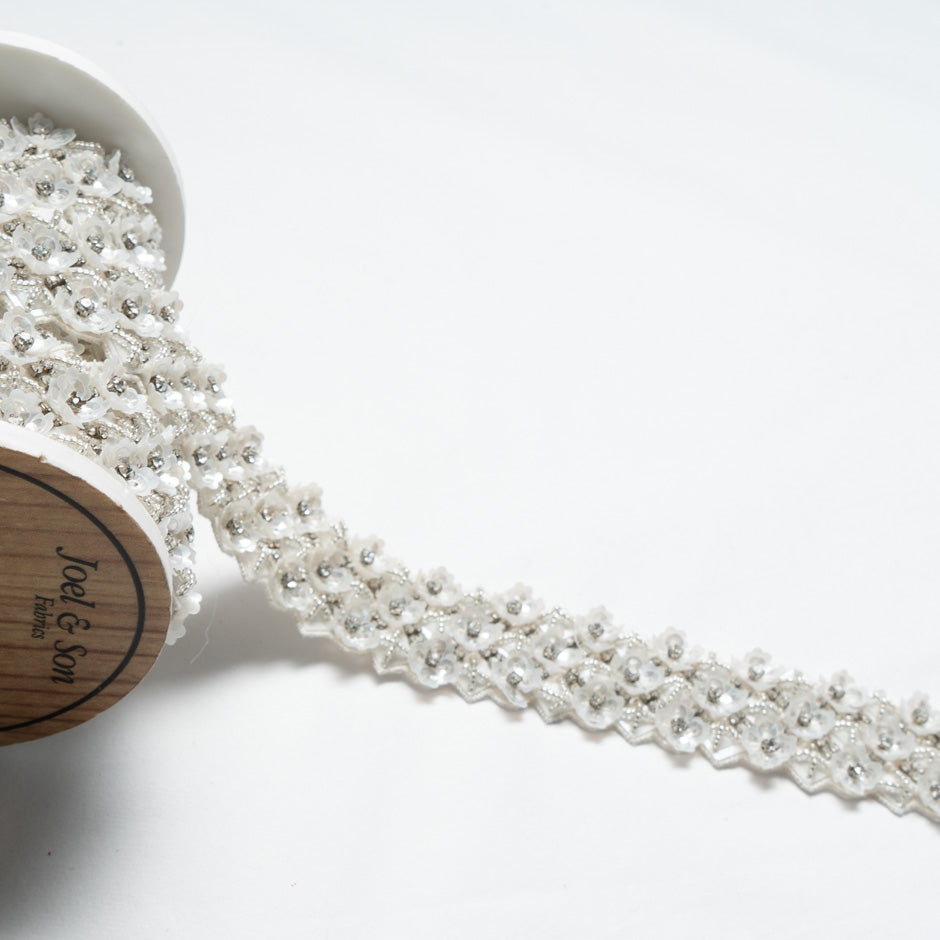 Ivory Floral & Silver Hand Beaded Trim