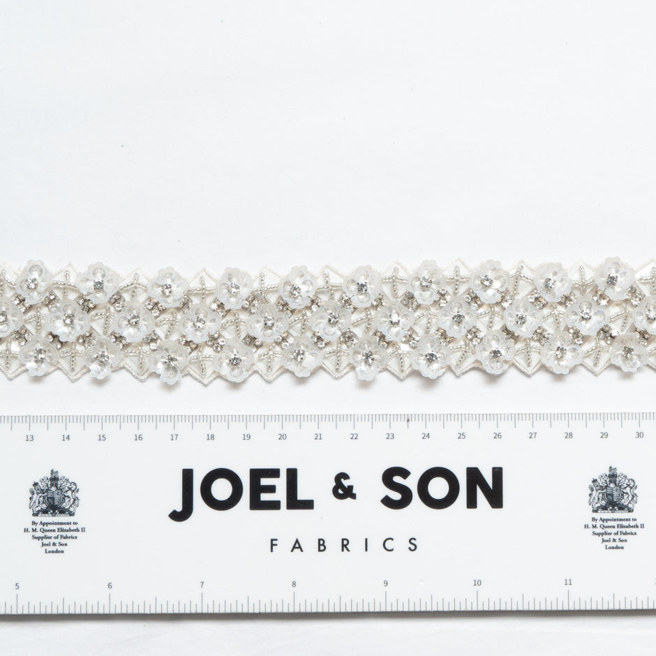 Ivory Floral & Silver Hand Beaded Trim