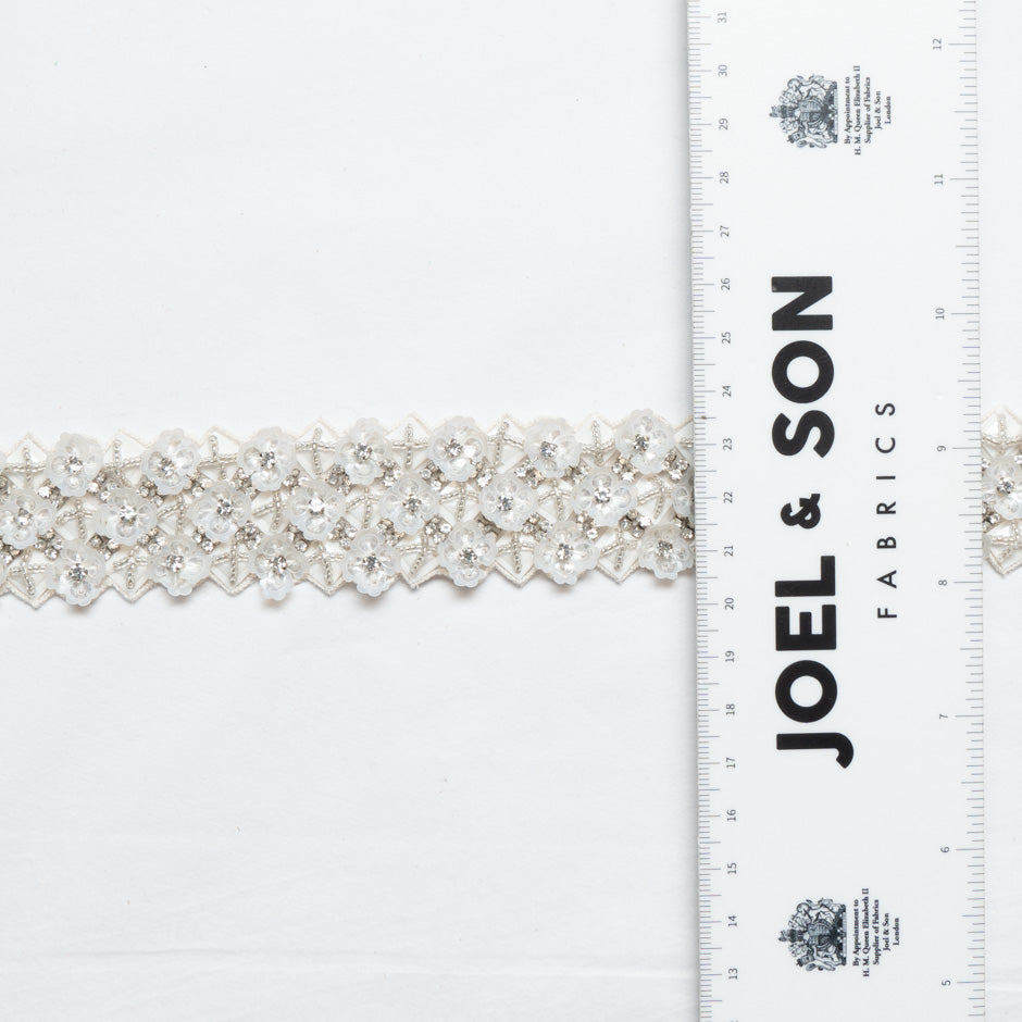 Ivory Floral & Silver Hand Beaded Trim