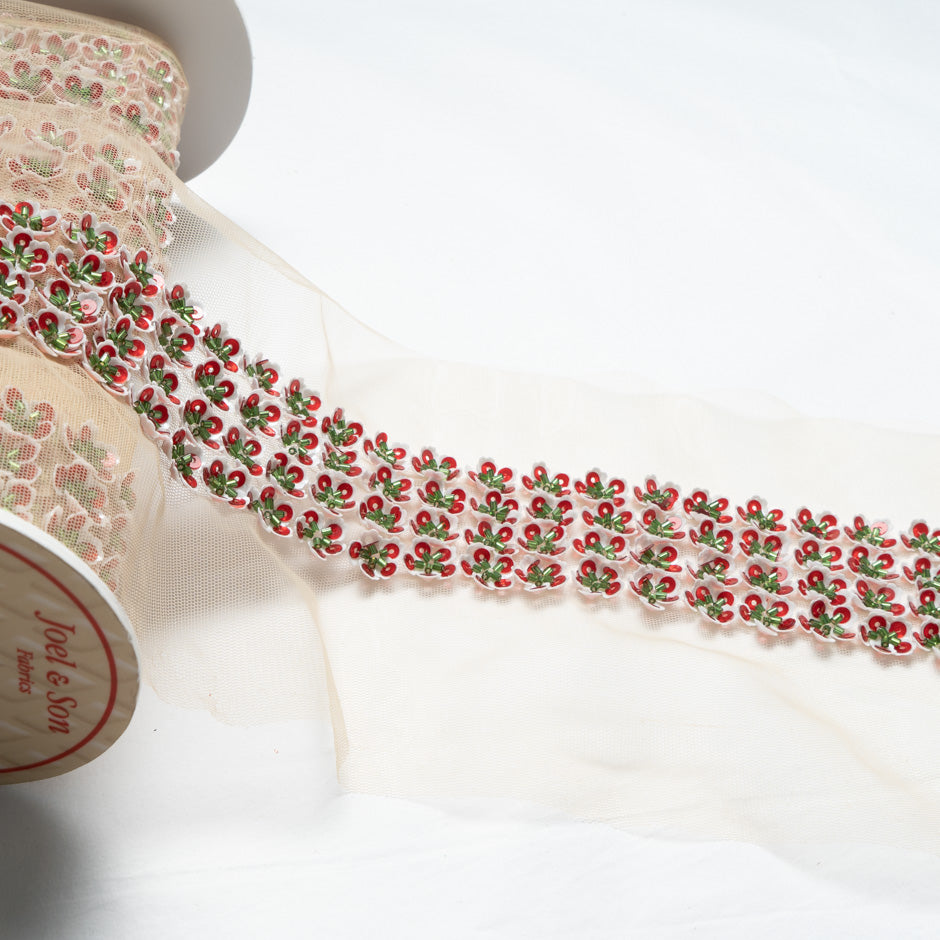 Cherry Red Floral Hand Beaded Trim