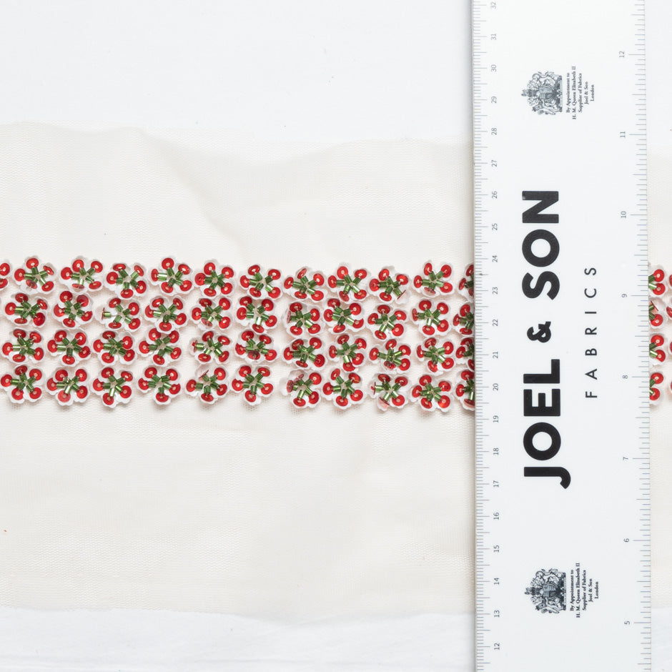 Cherry Red Floral Hand Beaded Trim