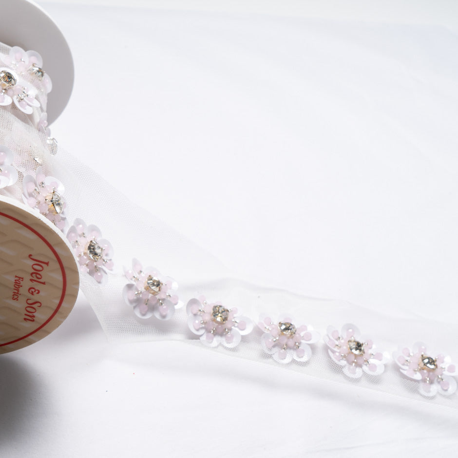 Pink & White Floral Hand Beaded Trim