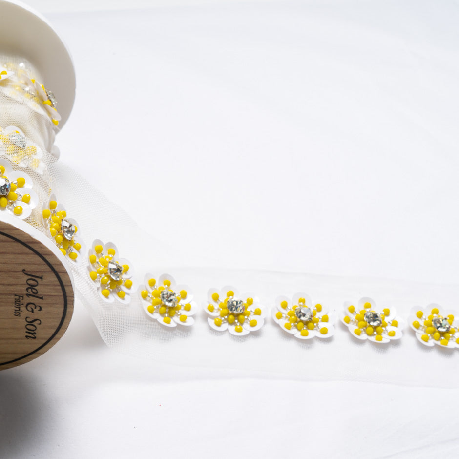 Yellow & White Floral Hand Beaded Trim