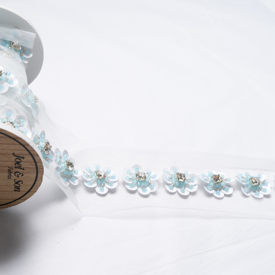 Baby Blue & White Floral Hand Beaded Trim