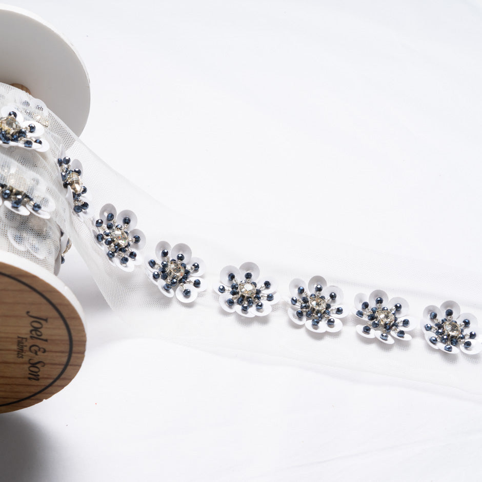 Navy & White Floral Hand Beaded Trim