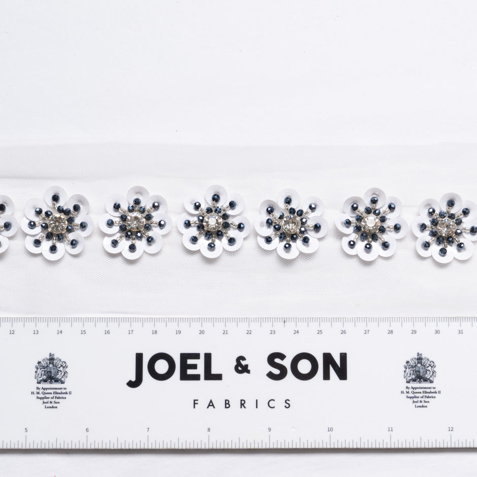 Navy & White Floral Hand Beaded Trim