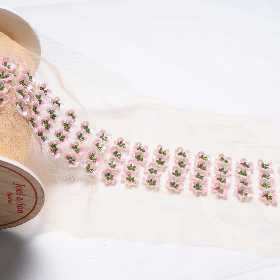 Pink Floral Hand Beaded Trim