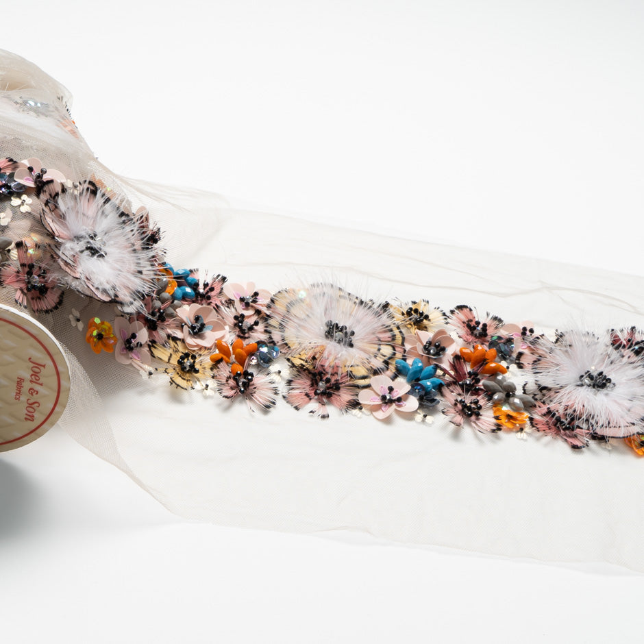 Hand Beaded & Feather Tulle Trim
