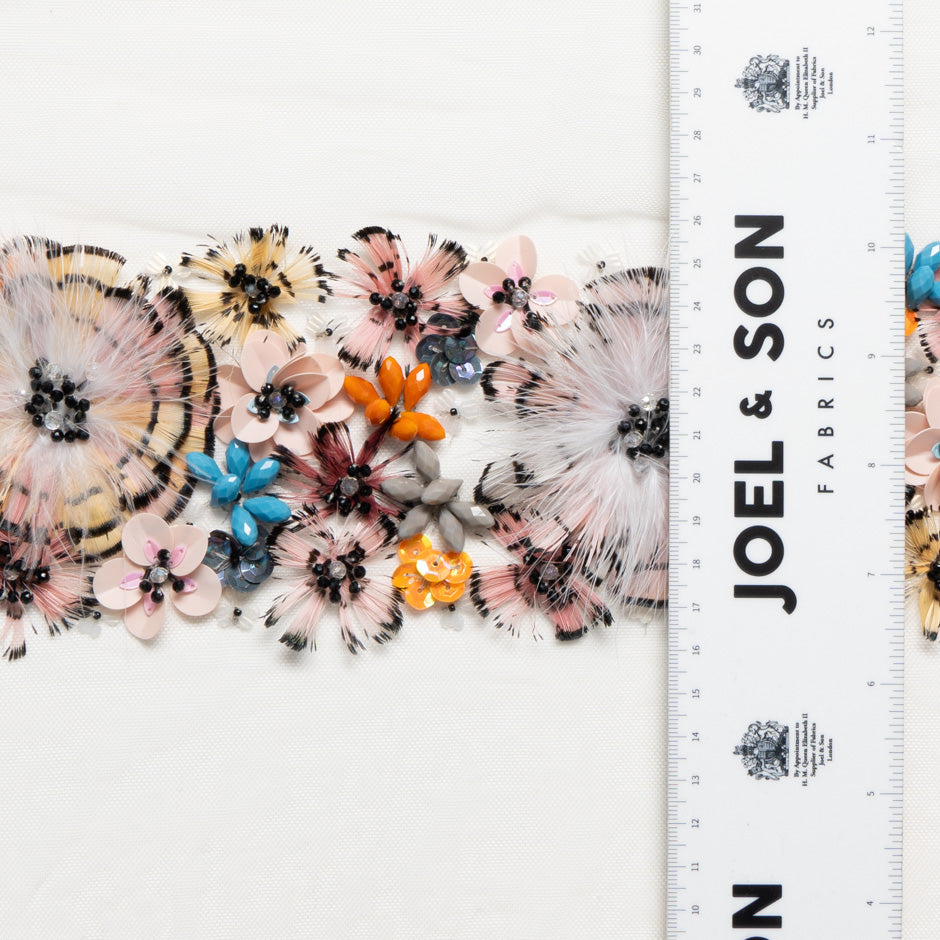 Hand Beaded & Feather Tulle Trim