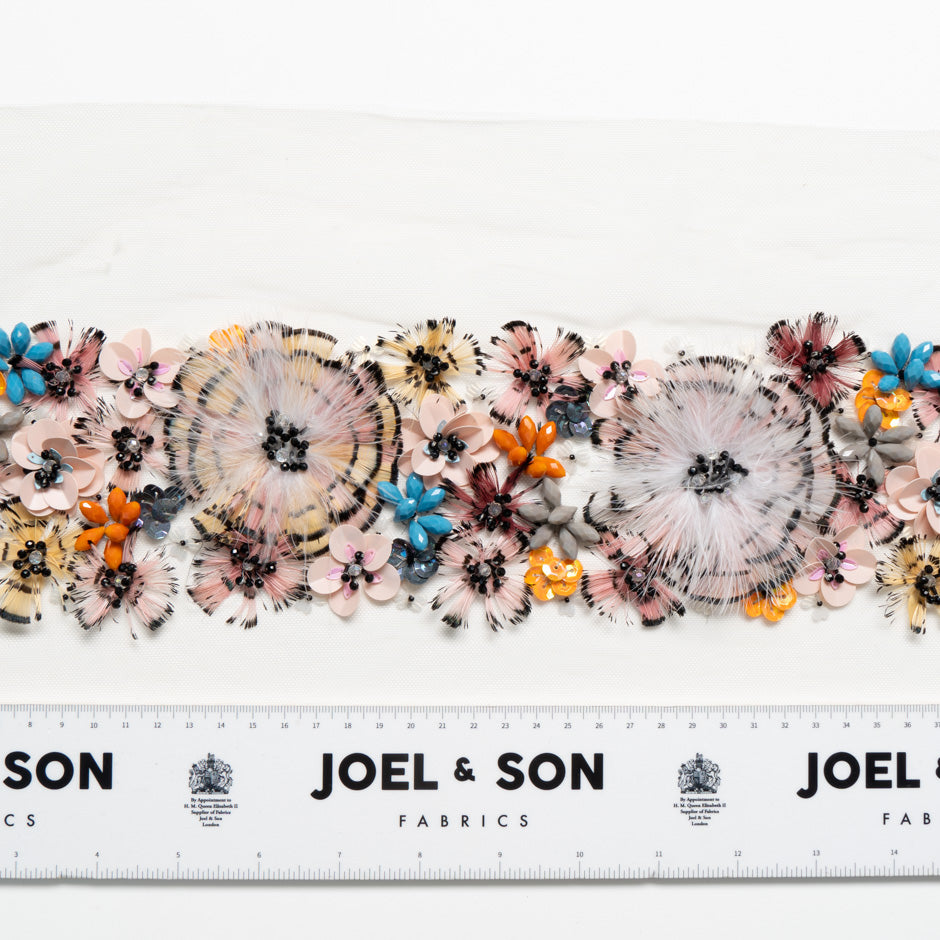 Hand Beaded & Feather Tulle Trim