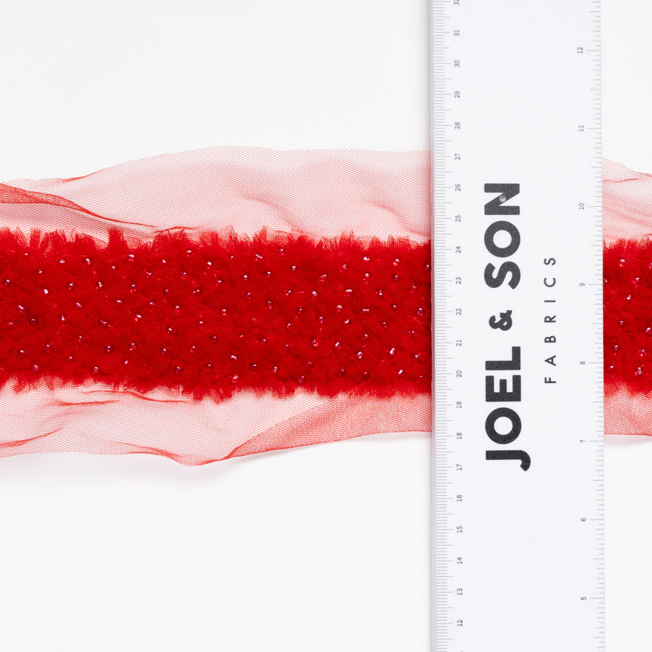 Bright Red Floral Tulle & Beaded Trim