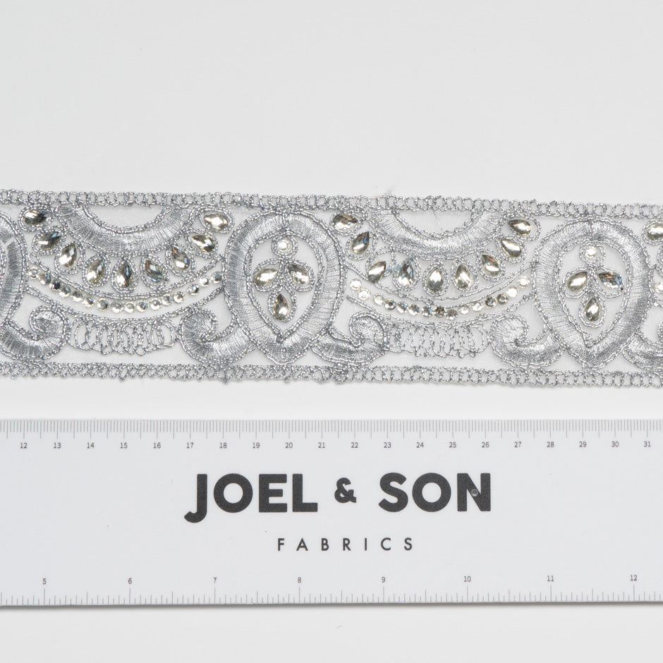 Silver Diamanté Corded Tulle Trim