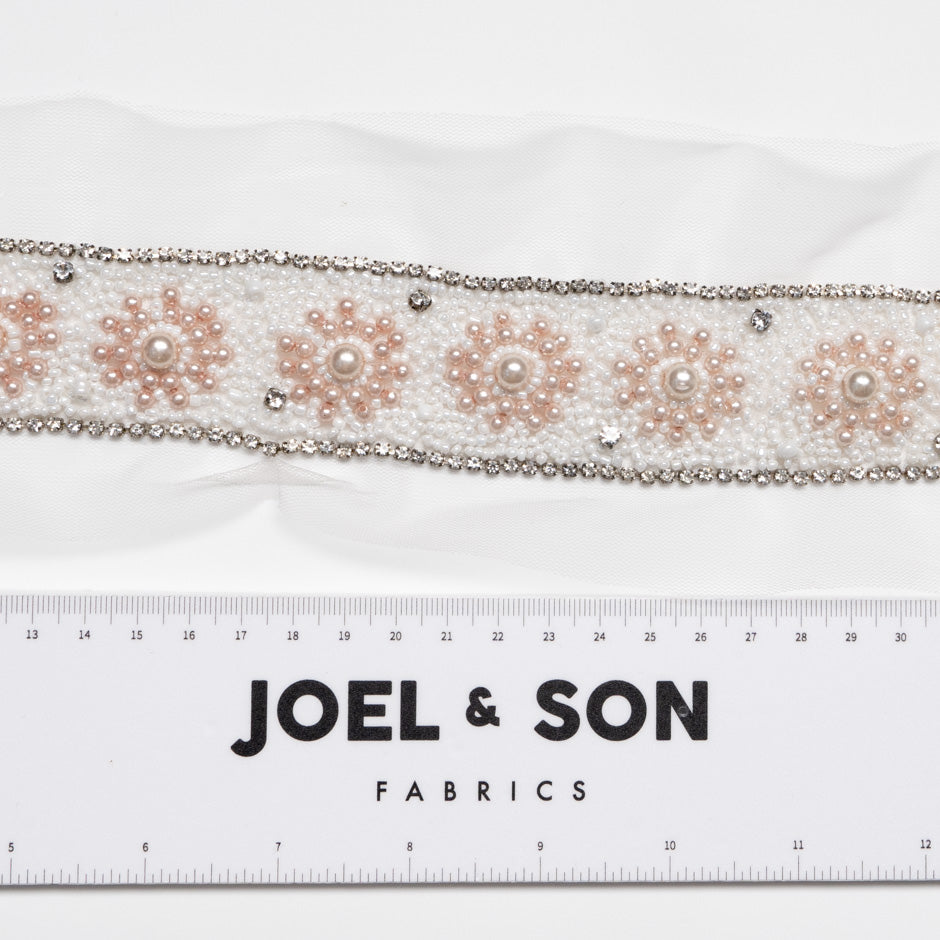 White & Pink Faux Pearl & Diamanté Tulle Trim