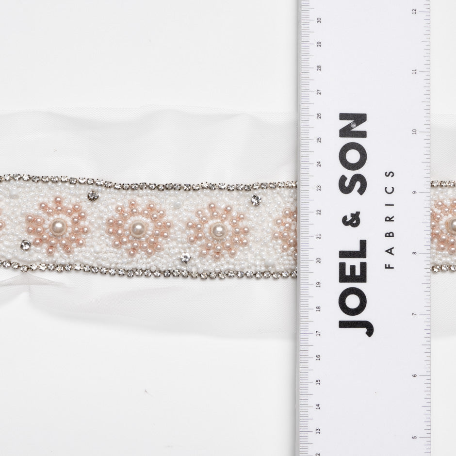 White & Pink Faux Pearl & Diamanté Tulle Trim