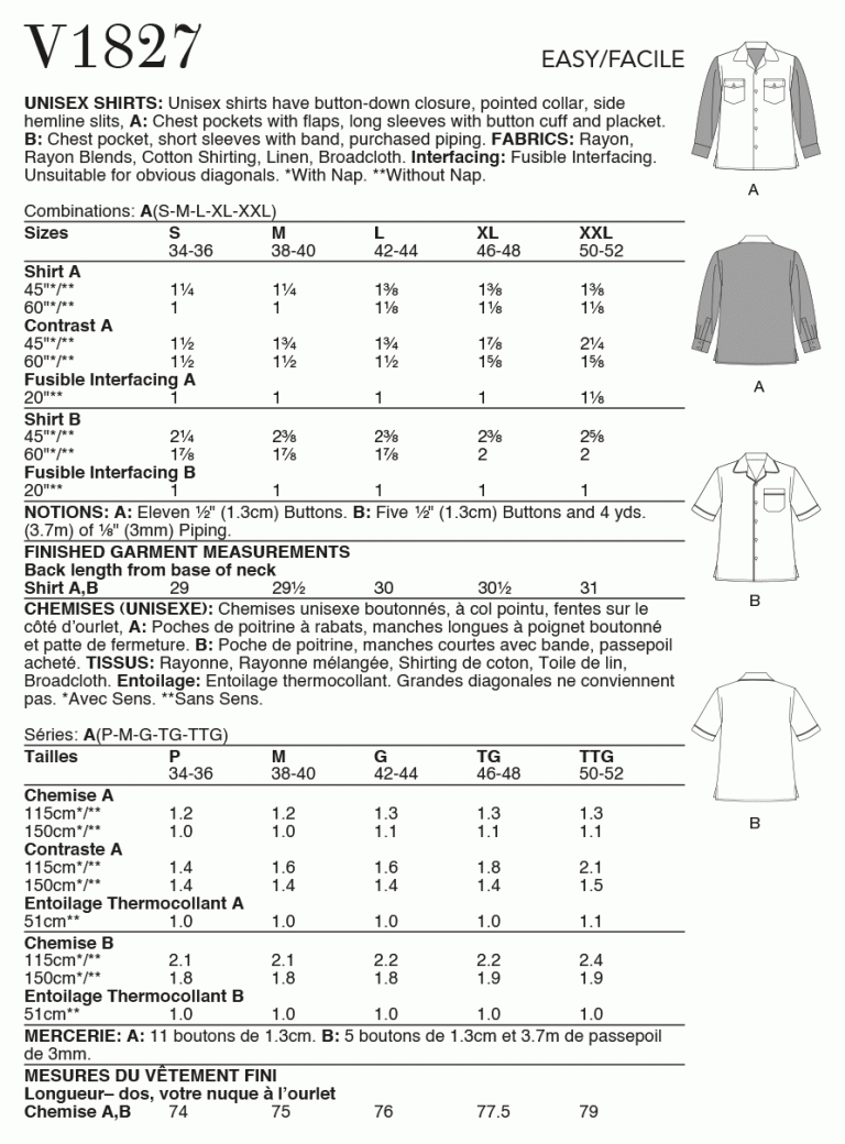 Pattern V1829 UNISEX SHIRT - V1827