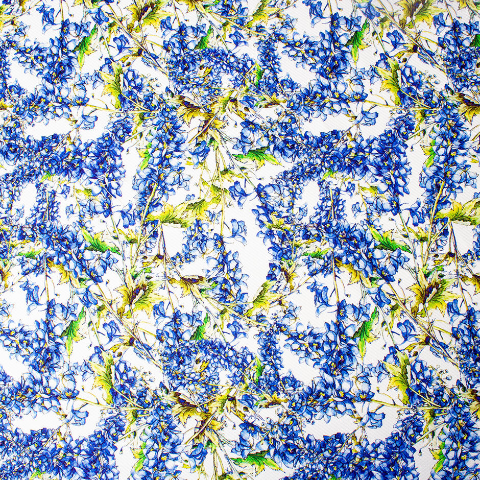 Rich Blue Floral Printed White Cotton Piqué (A 3m Piece)