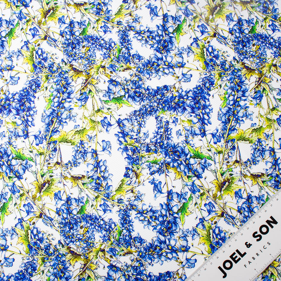 Rich Blue Floral Printed White Cotton Piqué (A 3m Piece)