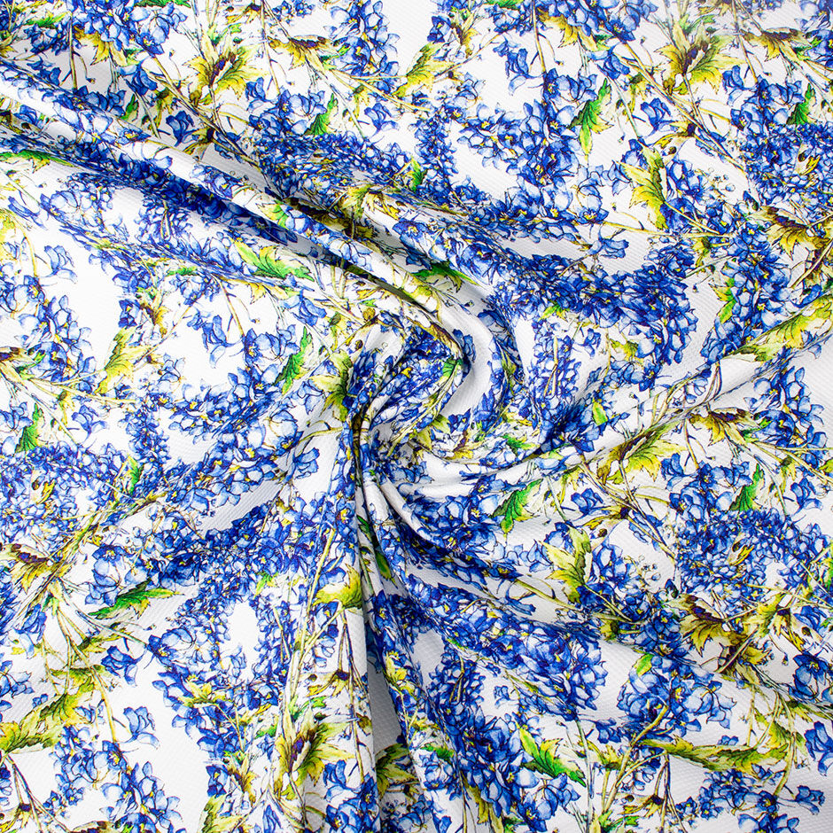 Rich Blue Floral Printed White Cotton Piqué (A 3m Piece)
