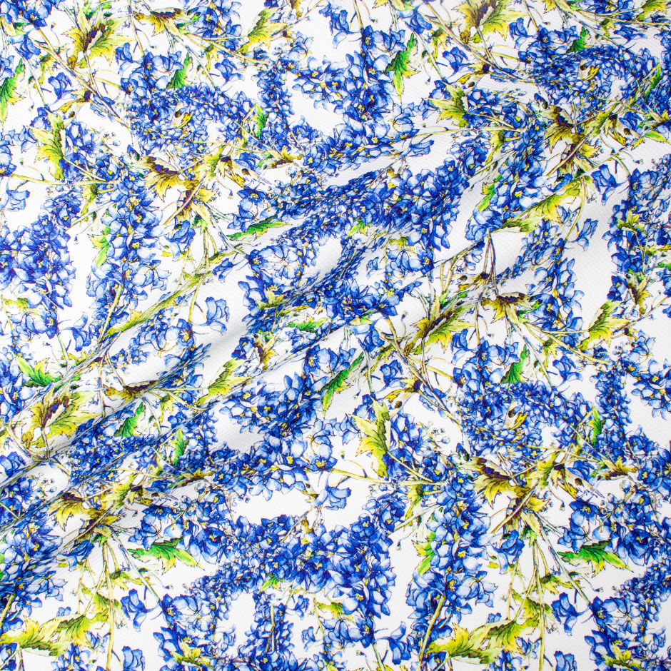 Rich Blue Floral Printed White Cotton Piqué (A 3m Piece)
