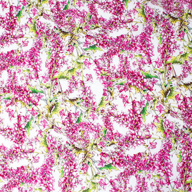 Fuchsia Pink Floral Printed White Cotton Piqué