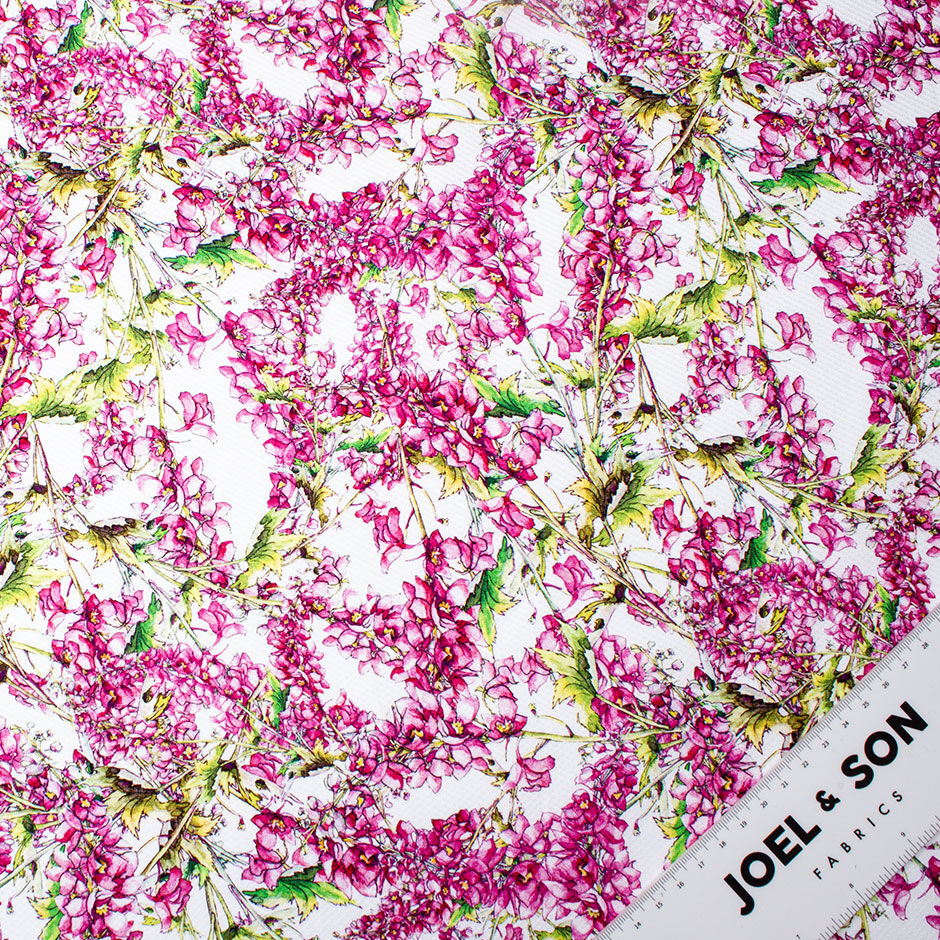 Fuchsia Pink Floral Printed White Cotton Piqué