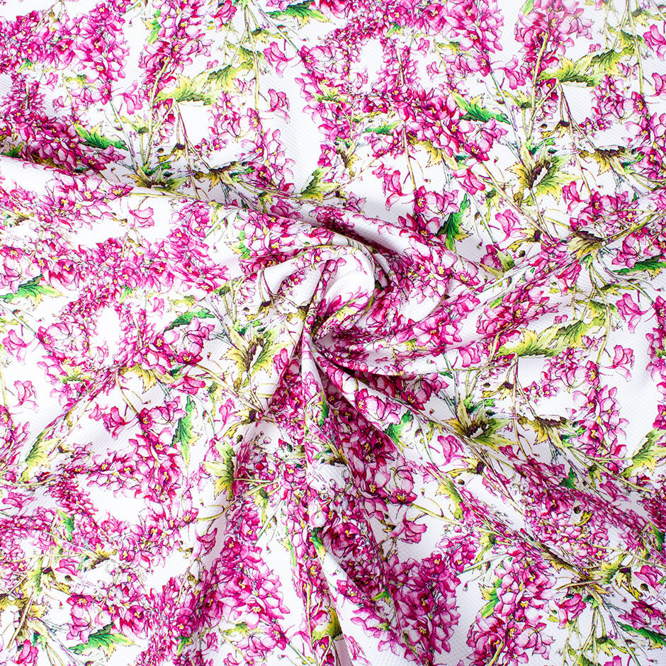 Fuchsia Pink Floral Printed White Cotton Piqué