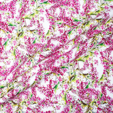 Fuchsia Pink Floral Printed White Cotton Piqué
