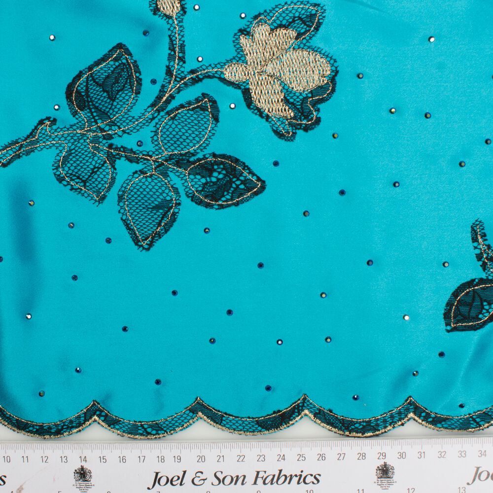 Turquoise Floral Embroidered Silk Satin (A 3.40m Piece)