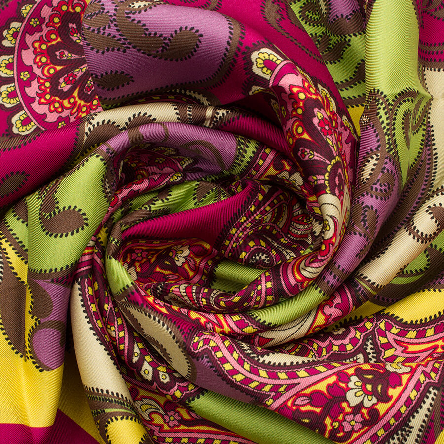 Fuchsia Pink & Yellow Paisley Printed Silk Scarf