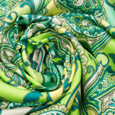 Green & Yellow Paisley Printed Silk Twill Scarf
