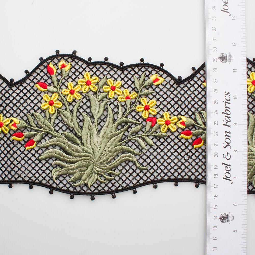 Yellow Floral/Black Wide Guipure Trim
