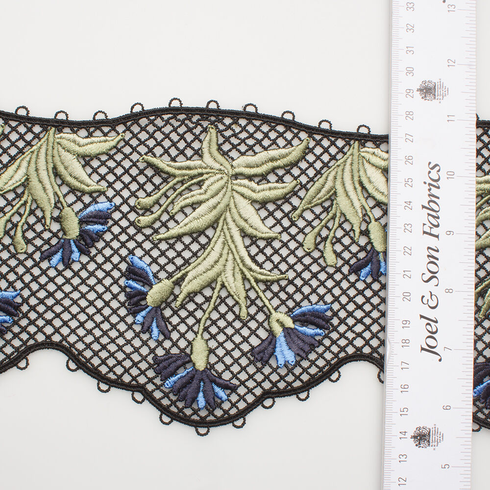 Blue Floral Black Guipure Wide Trim