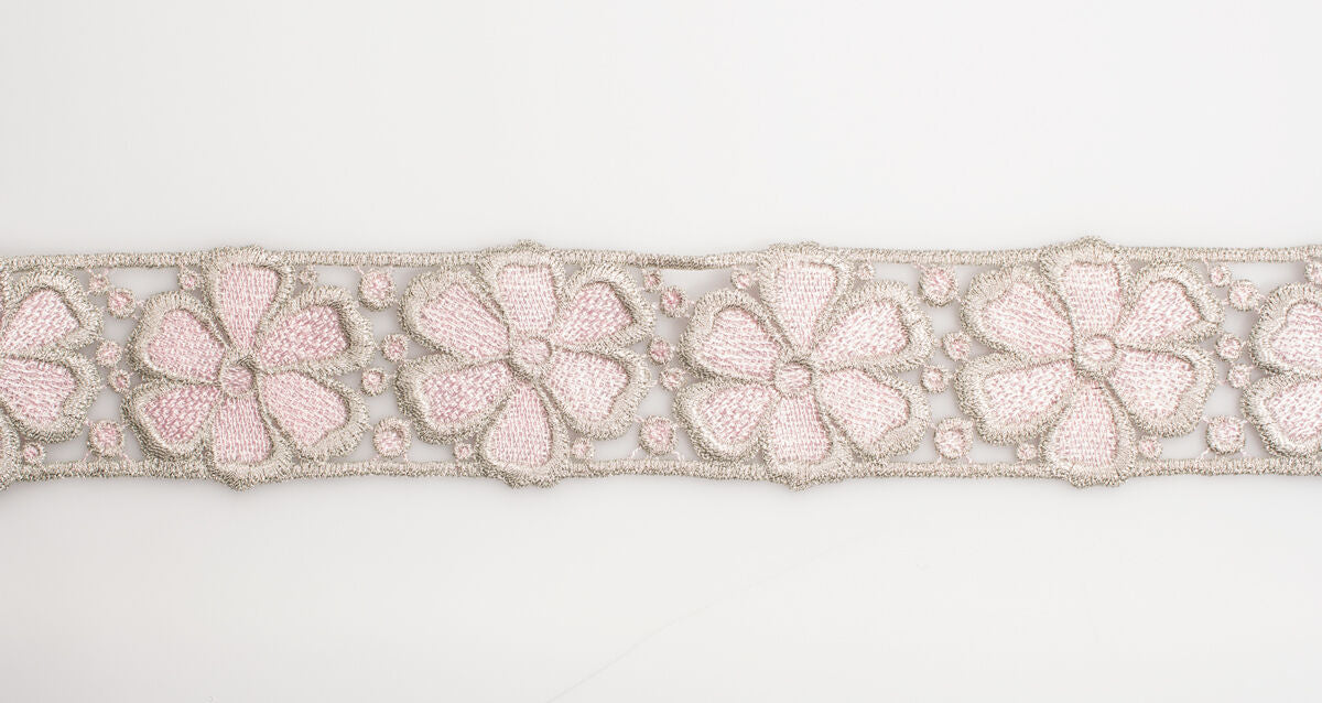 Gold & Pink Floral Metallic Guipure Trim