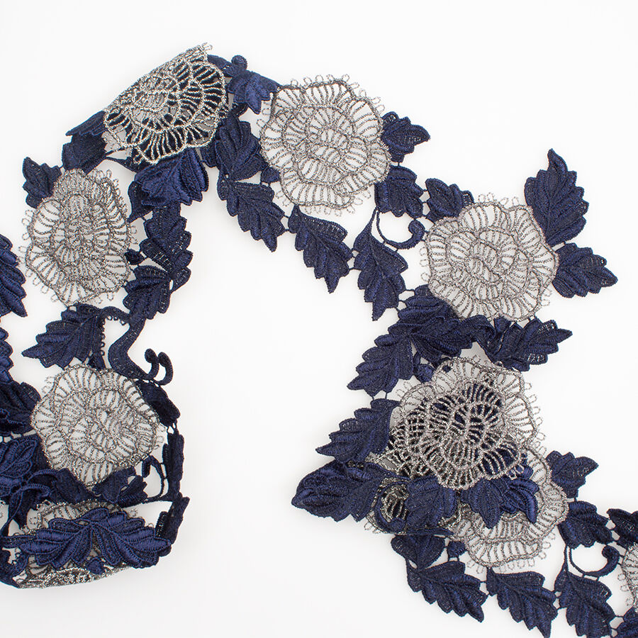 Midnight Blue Guipure Trim | Floral Metallic
