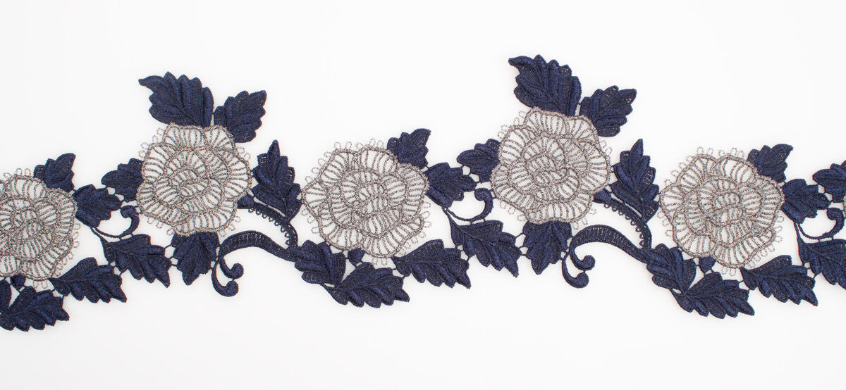 Midnight Blue Floral Metallic Guipure Trim