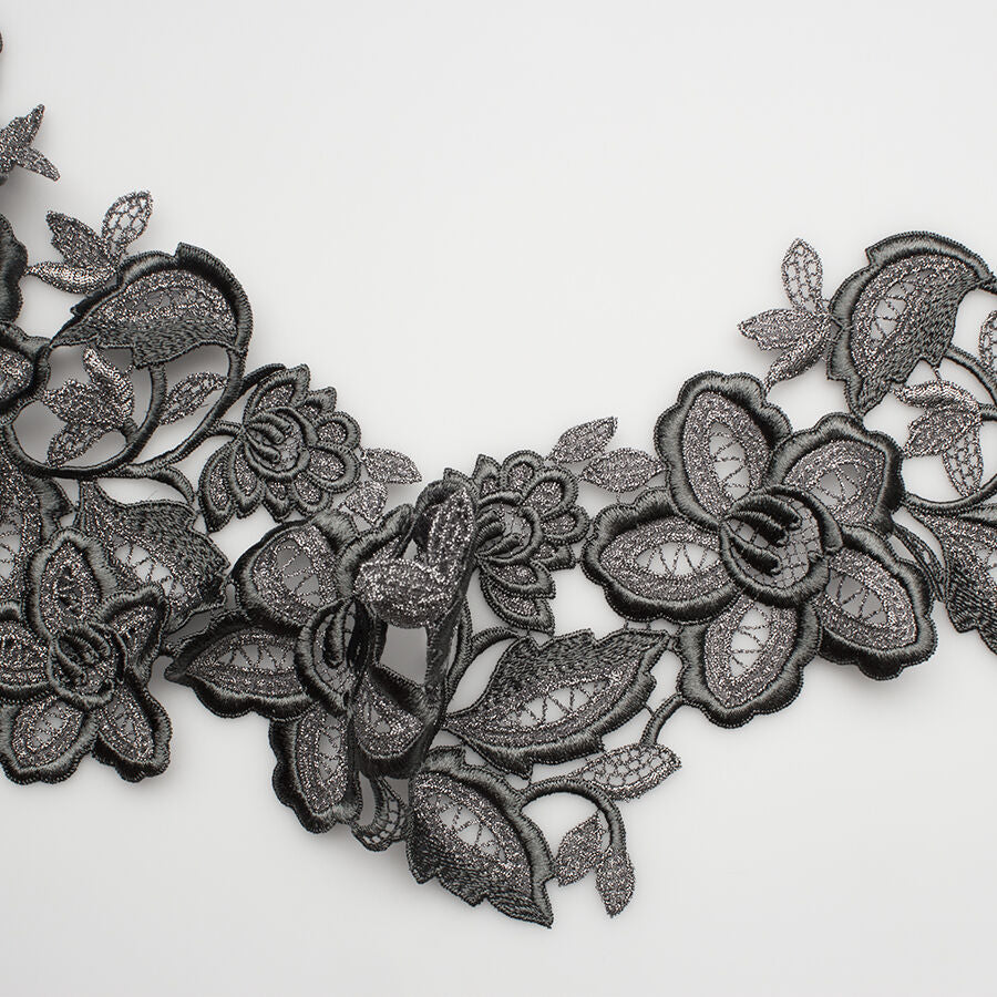 Grey Floral Metallic Guipure Trim