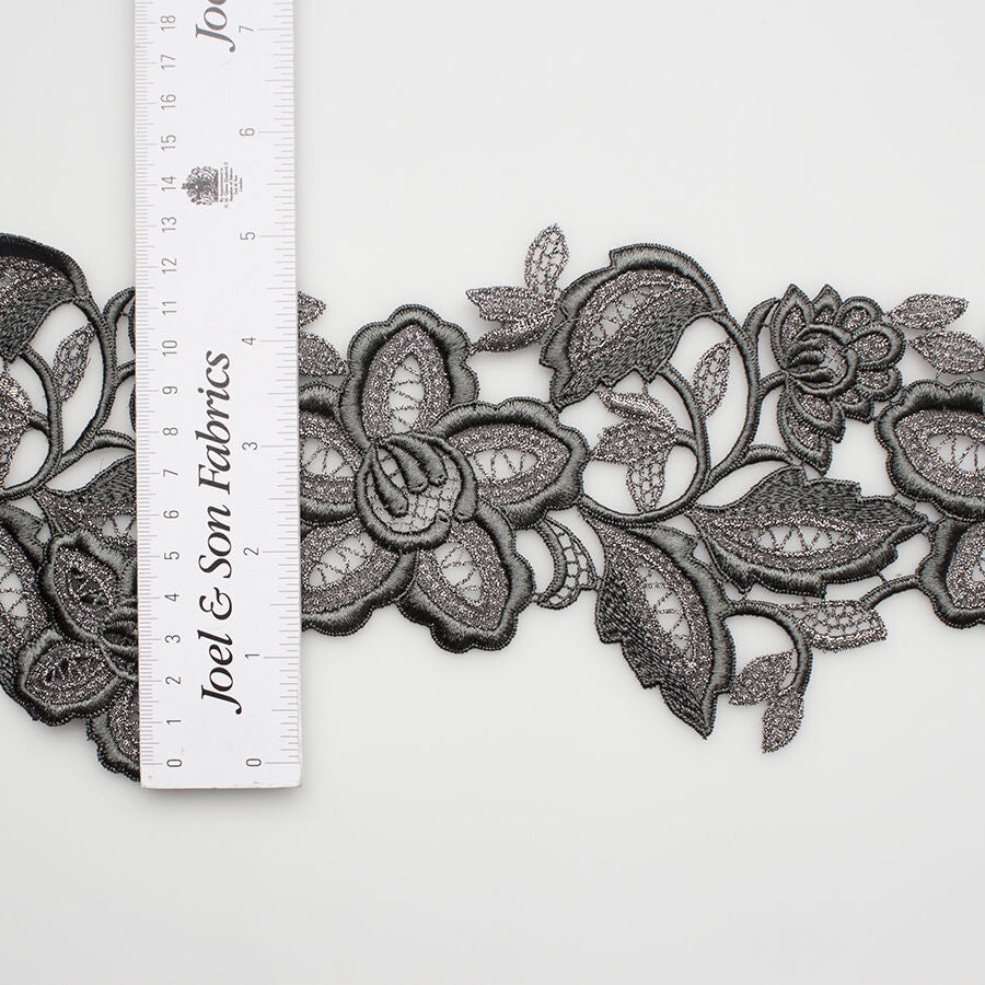 Grey Floral Metallic Guipure Trim