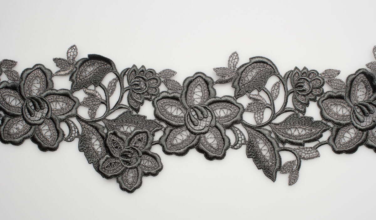 Grey Floral Metallic Guipure Trim