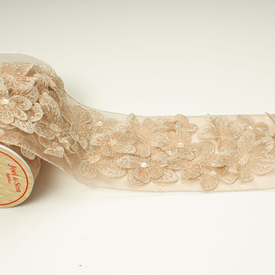 Champagne Organza & Swarovski Floral Appliqué Trim