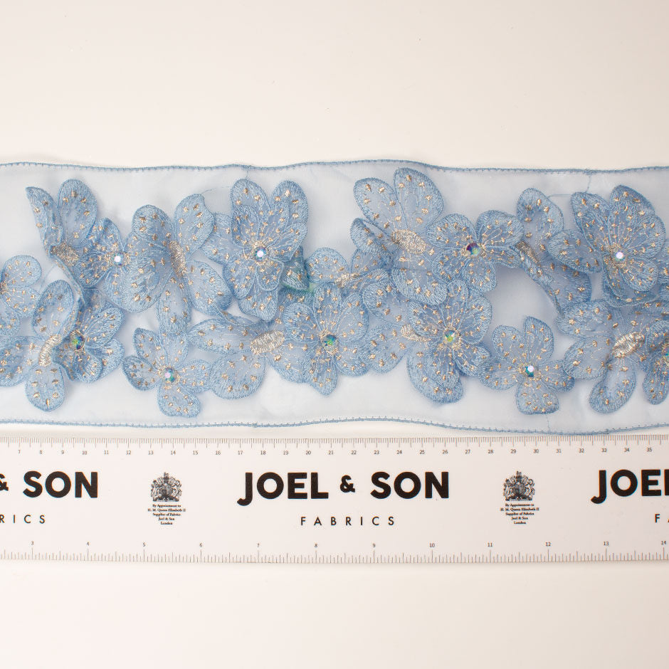 Powder Blue Organza & Swarovski Floral Appliqué Trim