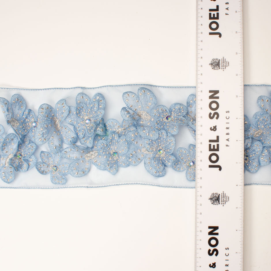 Powder Blue Organza & Swarovski Floral Appliqué Trim