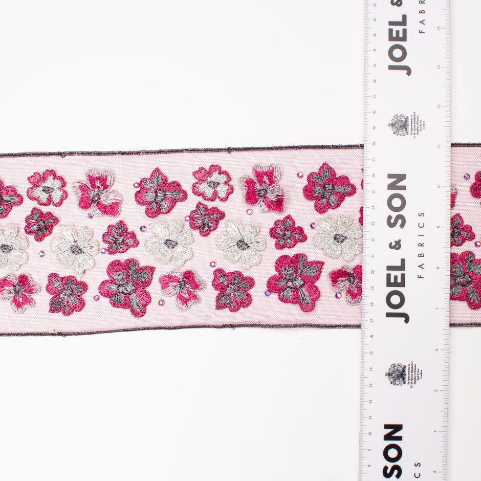 Deep Pink & Silver 3D Floral & Swarovski Stone Trim