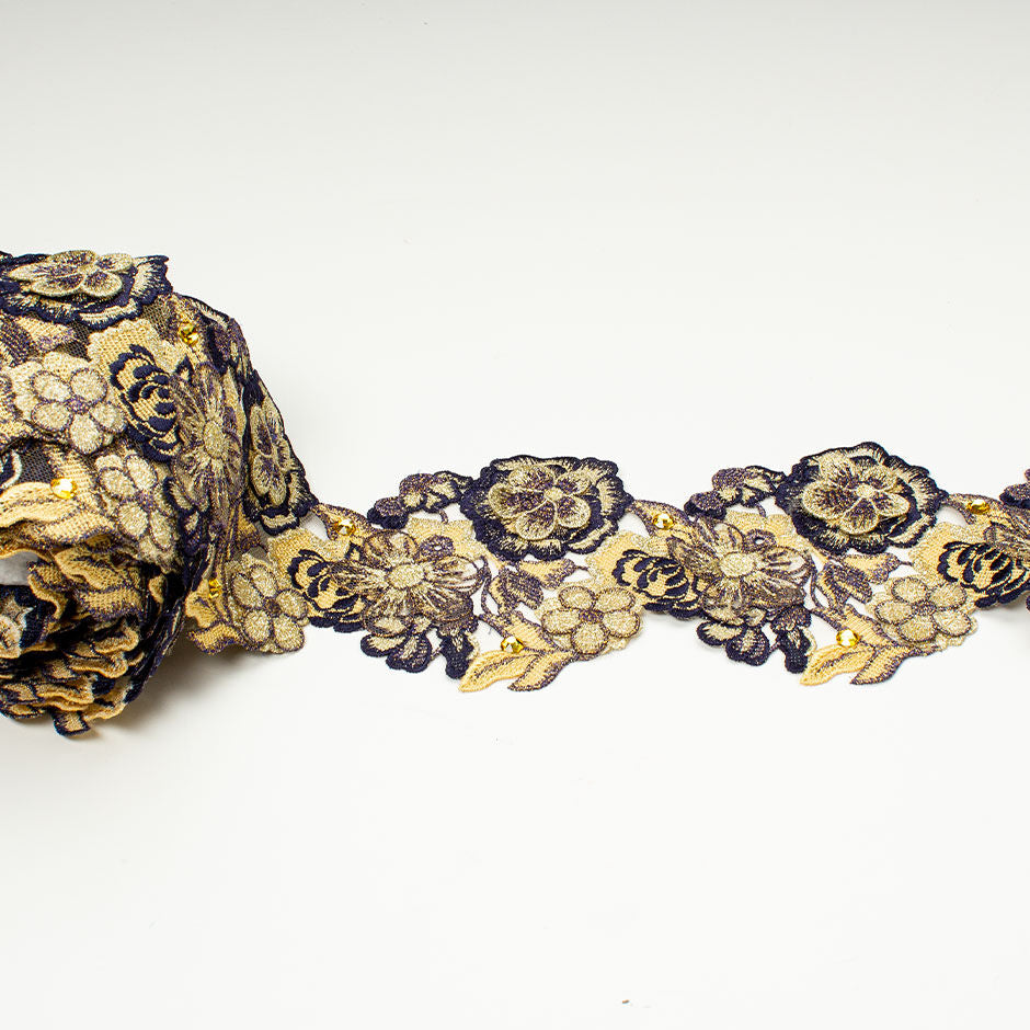 Gold & Midnight Blue Floral Embroidered Tulle & Swarovski Trim