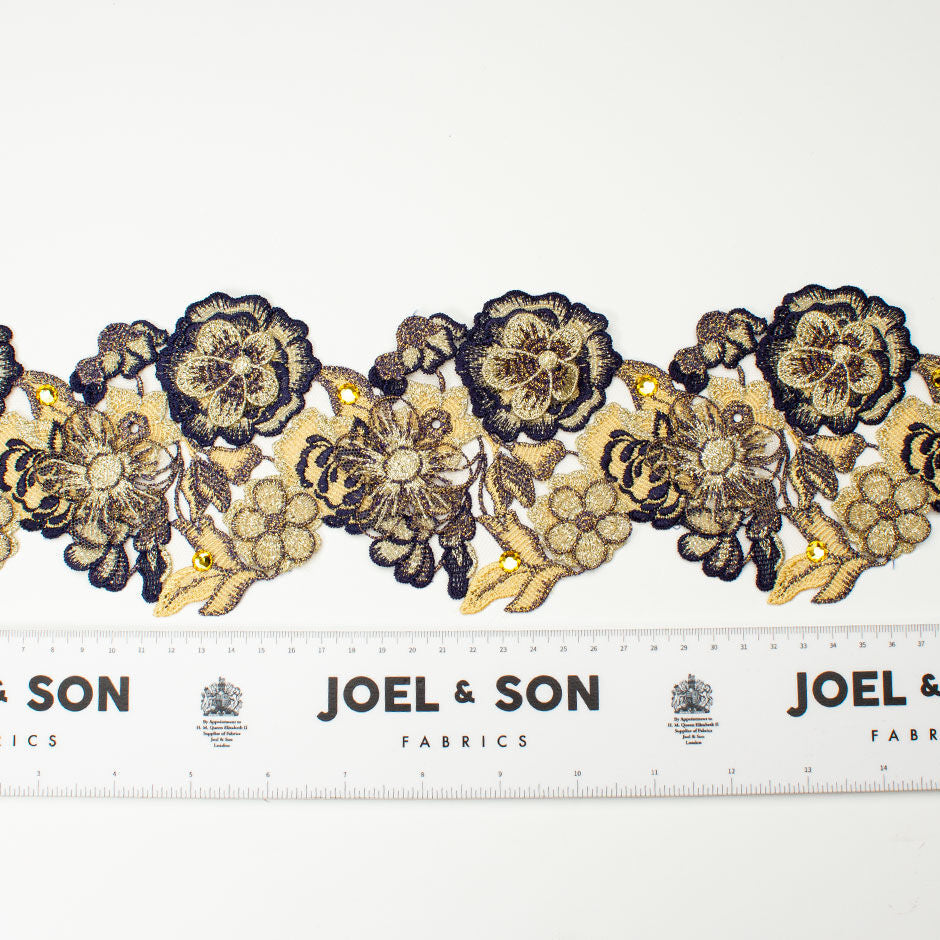 Gold & Midnight Blue Floral Embroidered Tulle & Swarovski Trim