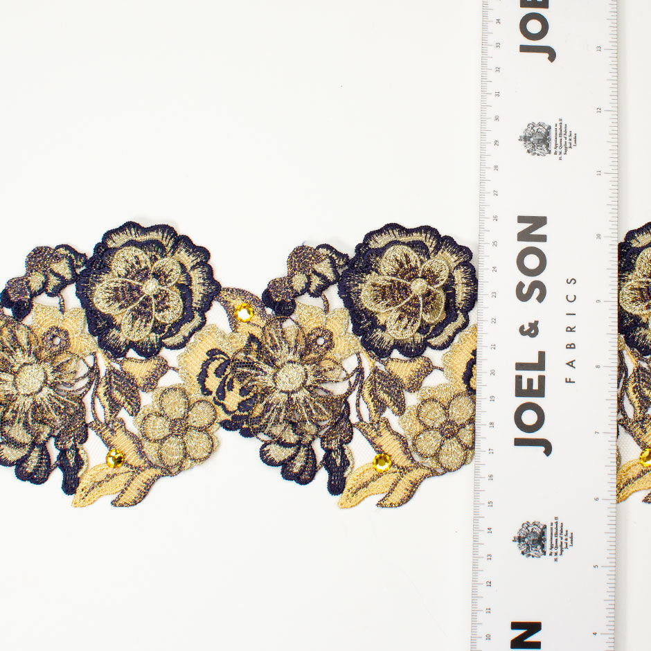 Gold & Midnight Blue Floral Embroidered Tulle & Swarovski Trim