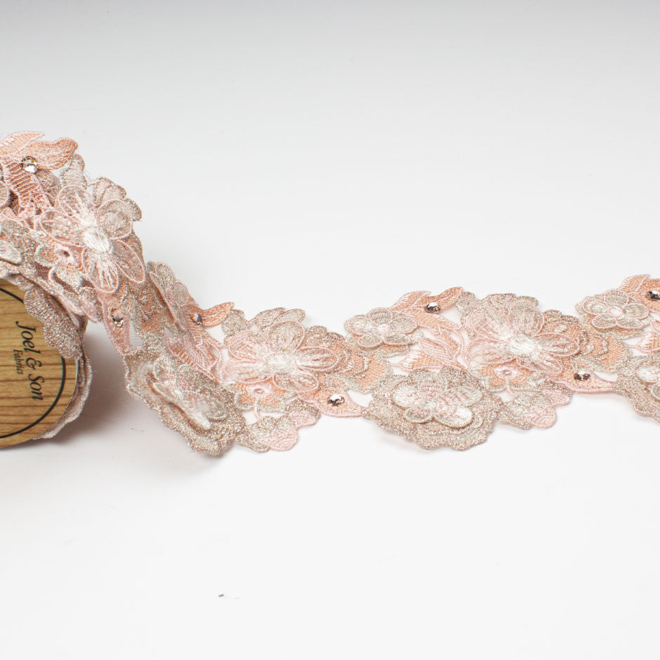 Blush Pink Metallic Swarovski Stone Floral Tulle Trim