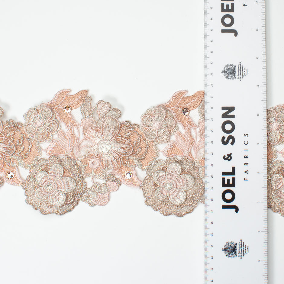 Blush Pink Metallic Swarovski Stone Floral Tulle Trim