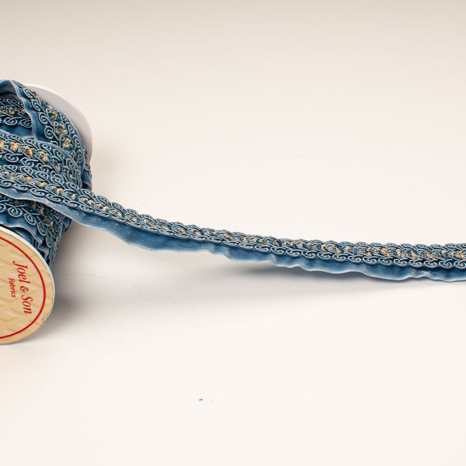 Mid Blue Embroidered Velvet Trim