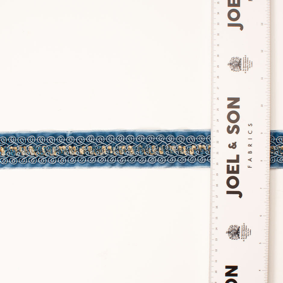 Mid Blue Embroidered Velvet Trim