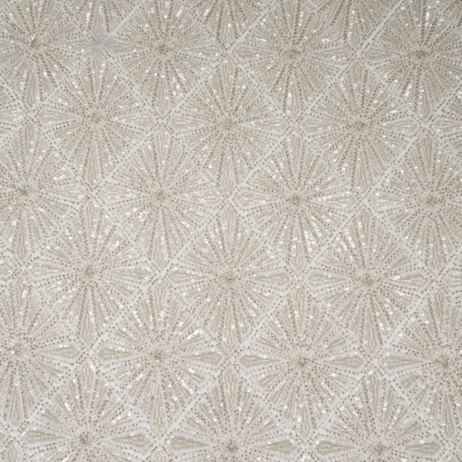 Ecru Geometric Hand Beaded Tulle